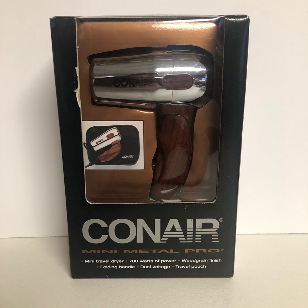 Conair Mini Metal Pro Travel Folding Hair Dryer with Pouch Woodgrain Finish